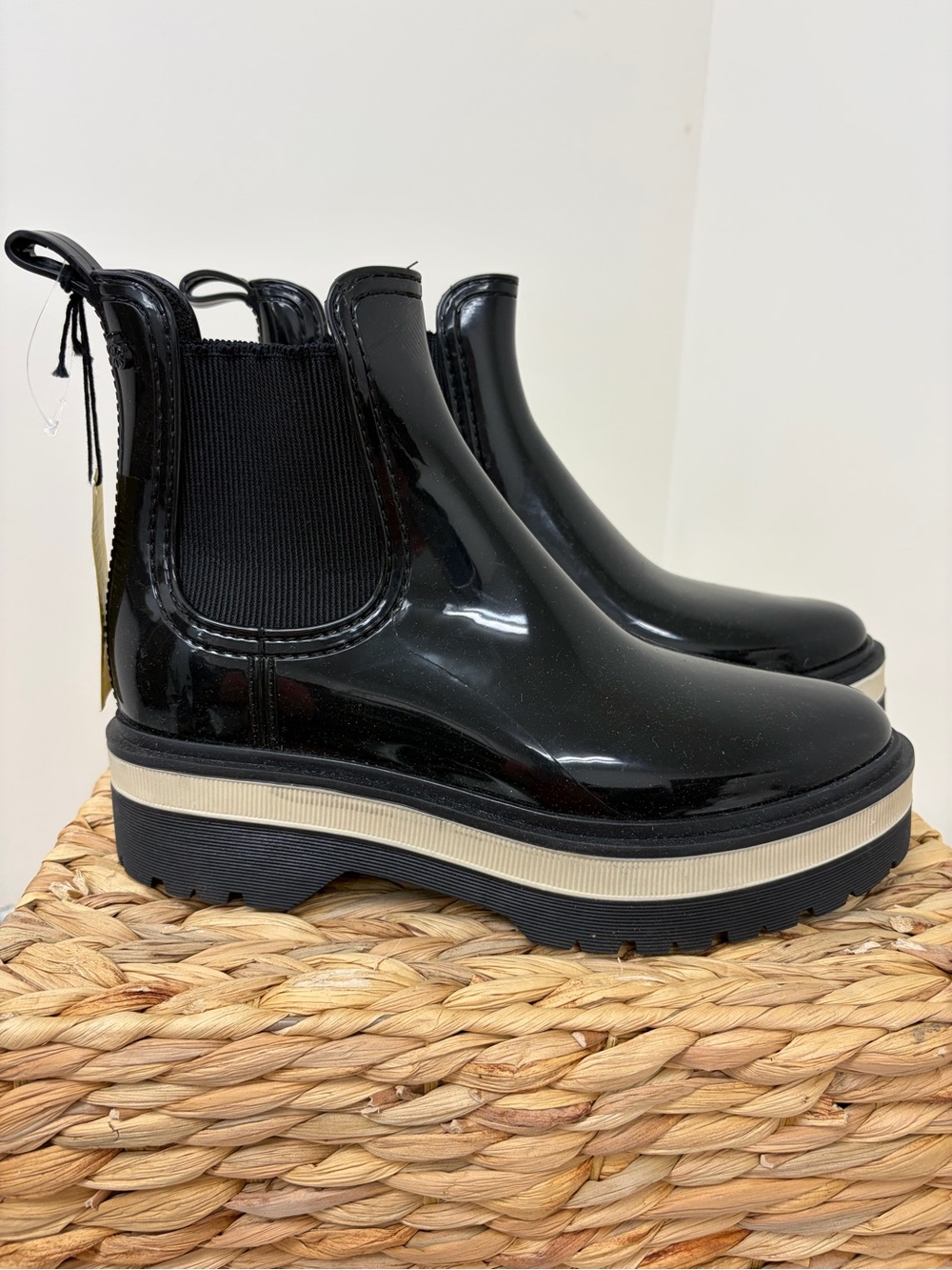 Patent Black Chelsea Platform Bootie with Cream Accent